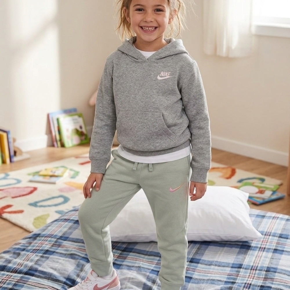 Nike Kids' Sage Green Jogger Bottoms with Pink Swoosh